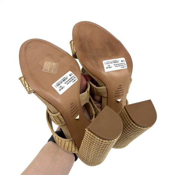 Schutz Karola High Block Heel Slide Sandals Natural Light Wood Size 8.5 - Picture 7 of 8